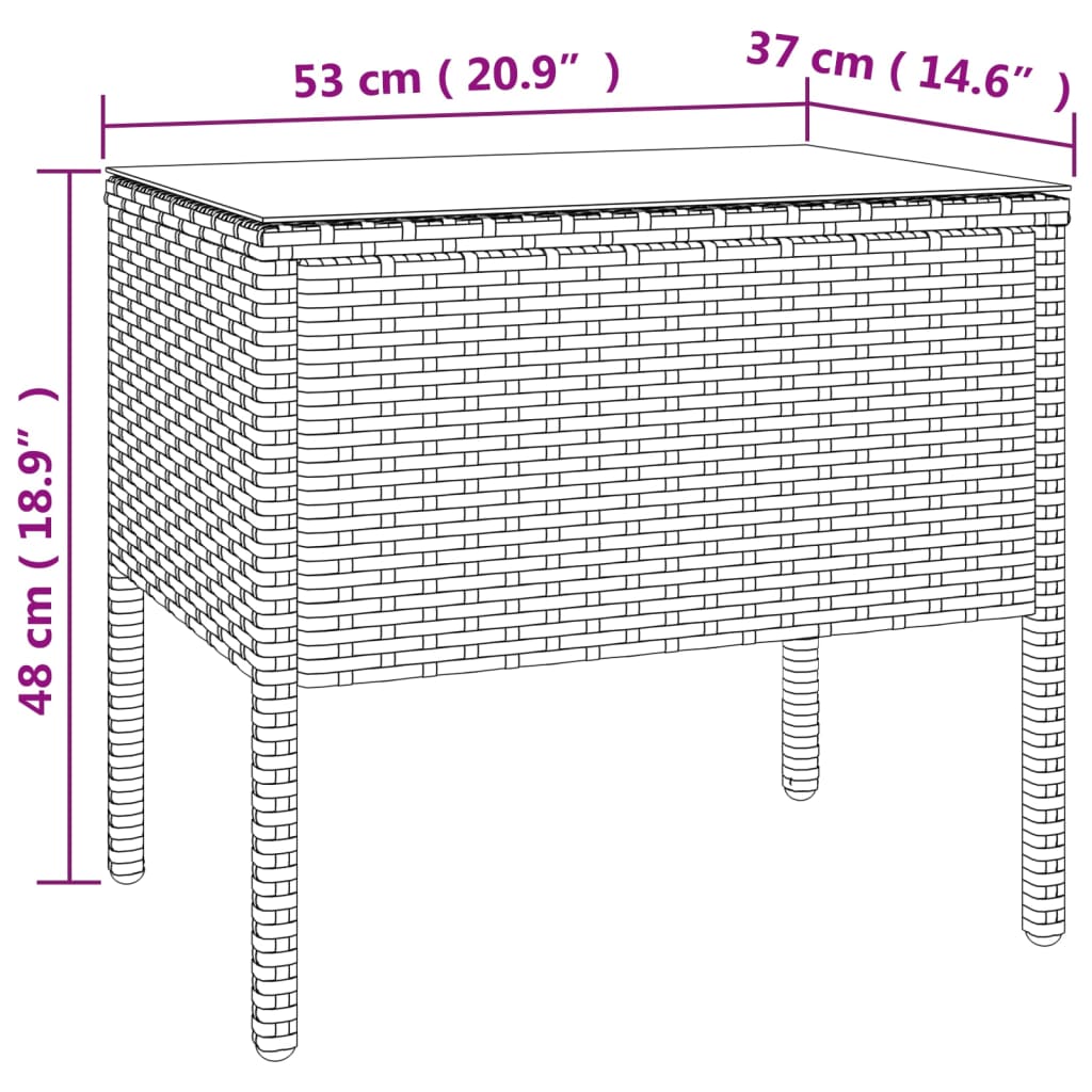 vidaXL Stranska mizica rjava 53x37x48 cm poli ratan in kaljeno steklo