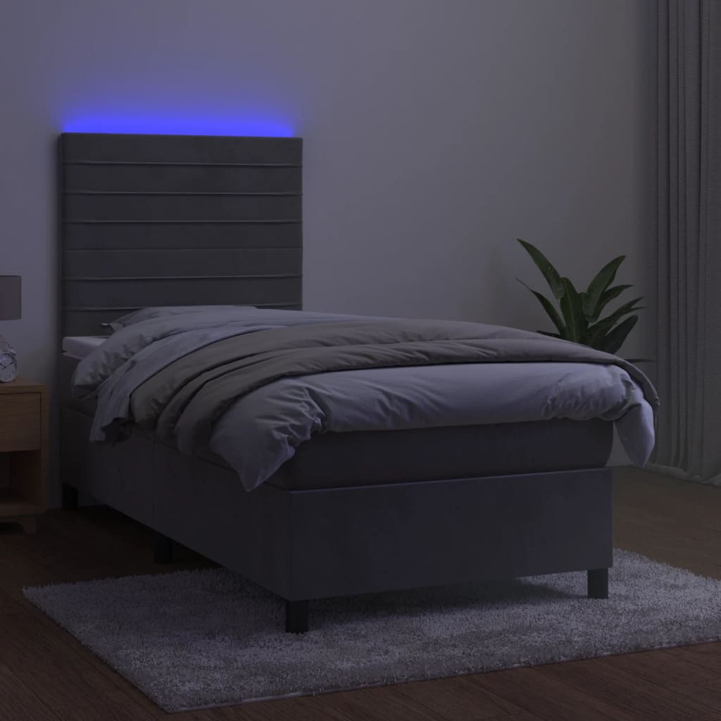 vidaXL Box spring postelja z vzmetnico LED svetlo siva 80x200 cm žamet