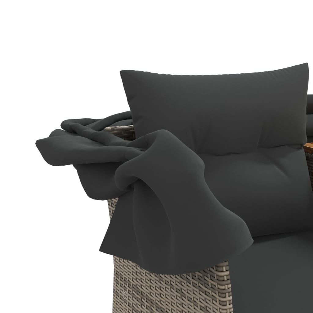 vidaXL Vrtni kavč dvosed s streho in stolčki siv poli ratan