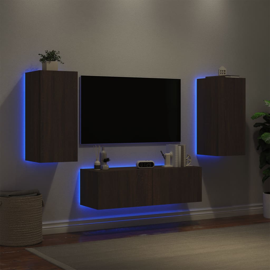vidaXL Stenske TV omarice z LED lučkami 3 kosi rjavi hrast
