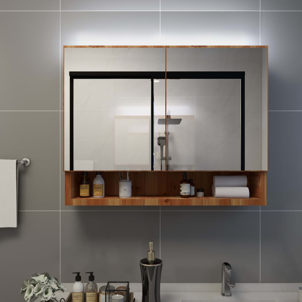 vidaXL LED kopalniška omarica z ogledalom hrast 80x15x60 cm MDF