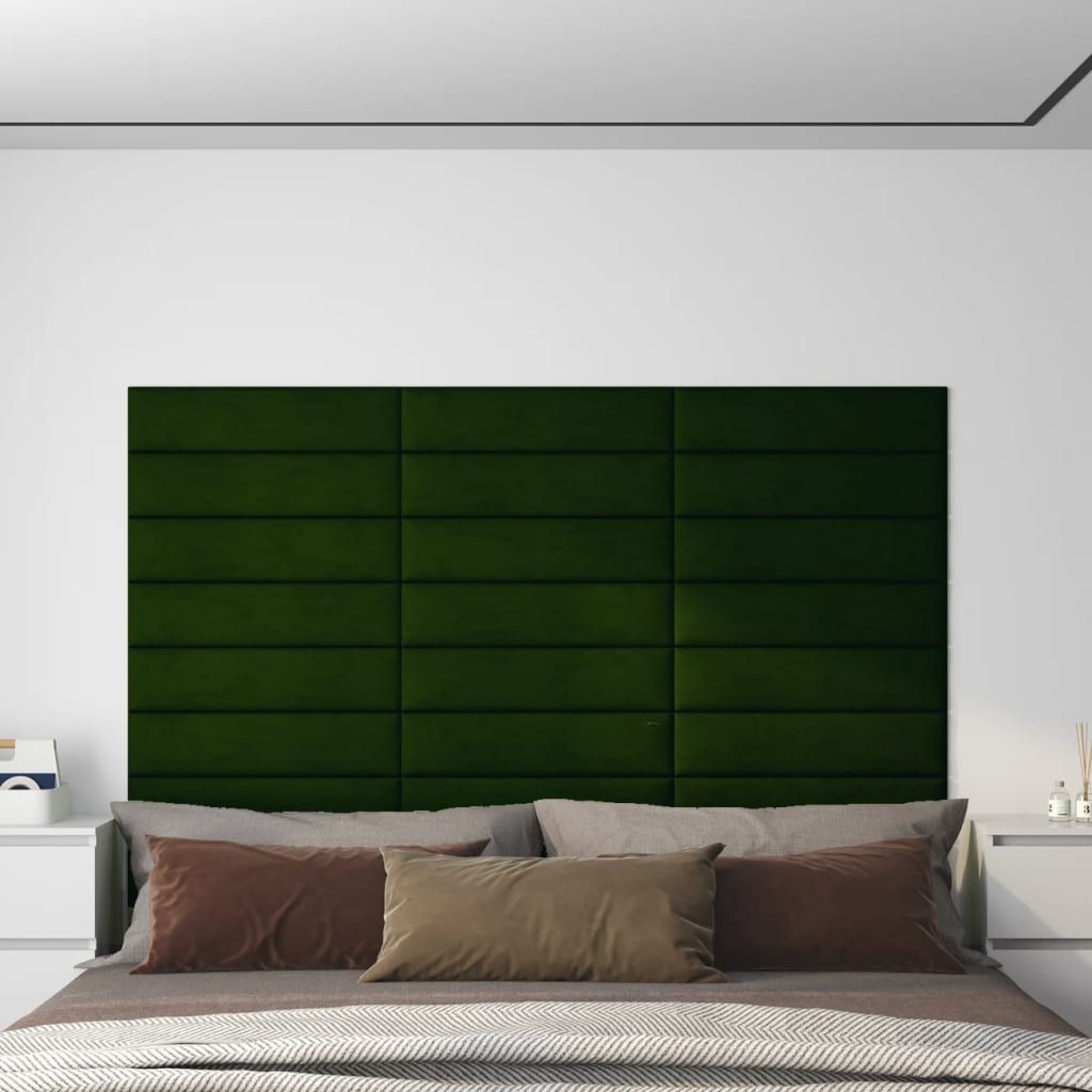 vidaXL Stenski paneli 12 kosov temno zeleni 60x15 cm žamet 1,08 m²