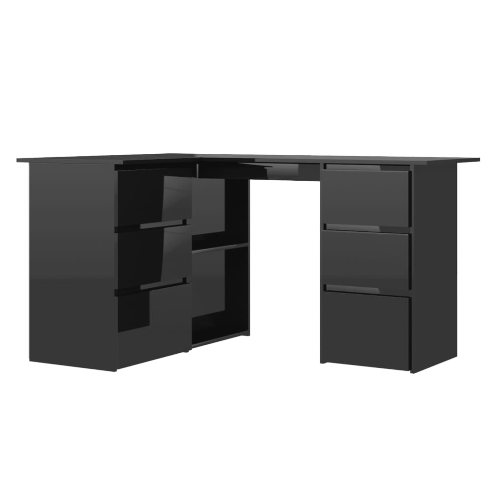 vidaXL Kotna pisalna miza visok sijaj črna 145x100x76 cm iverna plošča