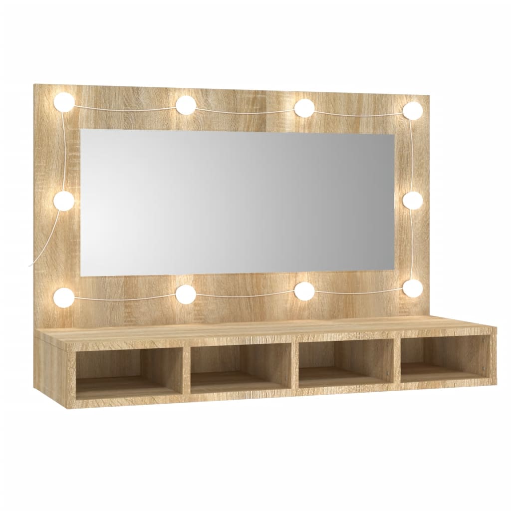 vidaXL Omarica z ogledalom in LED lučkami sonoma hrast 90x31,5x62 cm