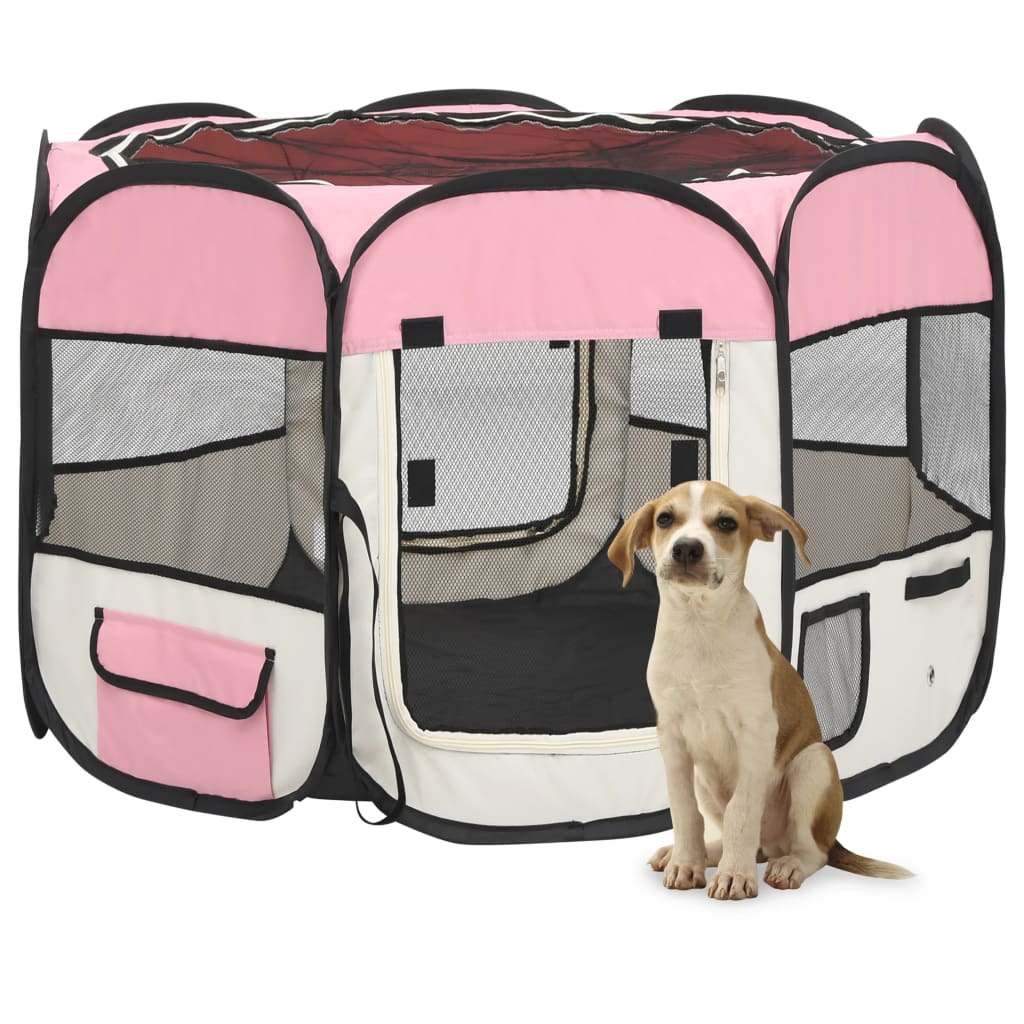 vidaXL Zložljiva pasja ograjica s torbo roza 90x90x58 cm