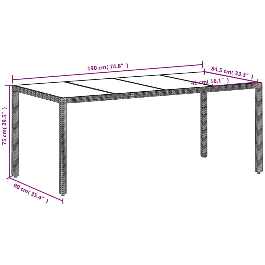 vidaXL Vrtna miza s stekleno ploščo sv. siva 190x90x75 cm poli ratan
