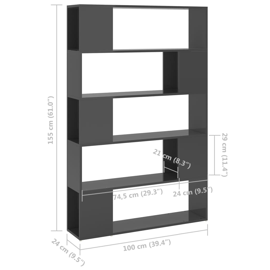 vidaXL Knjižna omara za razdelitev prostora sijaj siva 100x24x155 cm