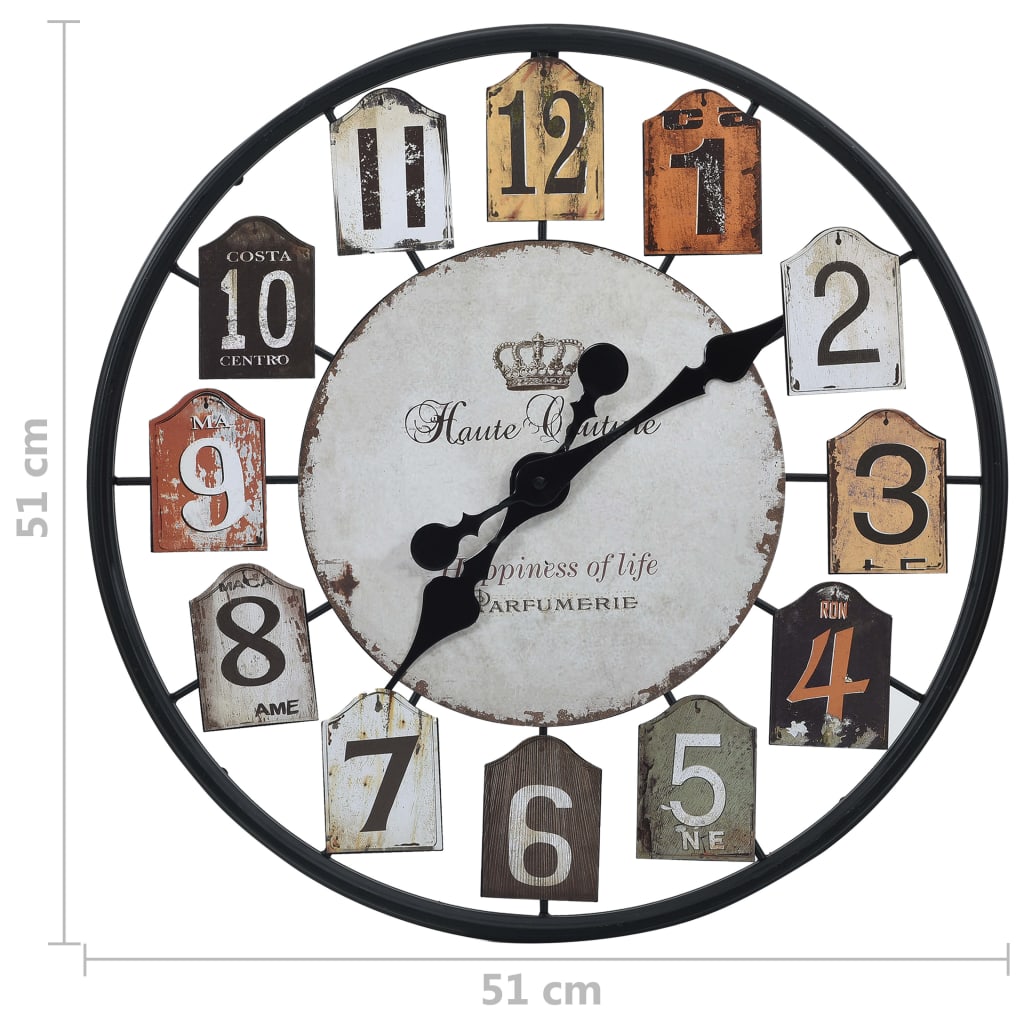 vidaXL Stenska ura večbarvna 51 cm železna