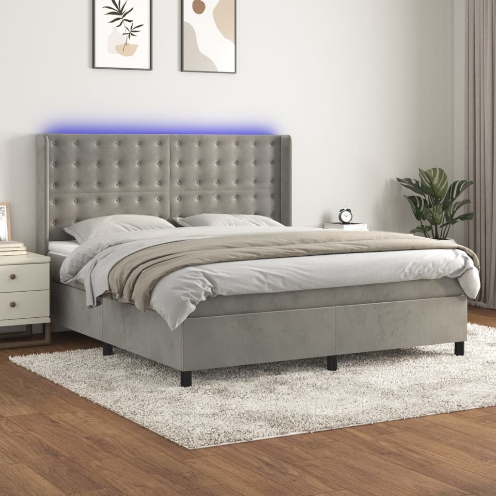 vidaXL Box spring postelja z vzmetnico LED svetlo siva 180x200cm žamet