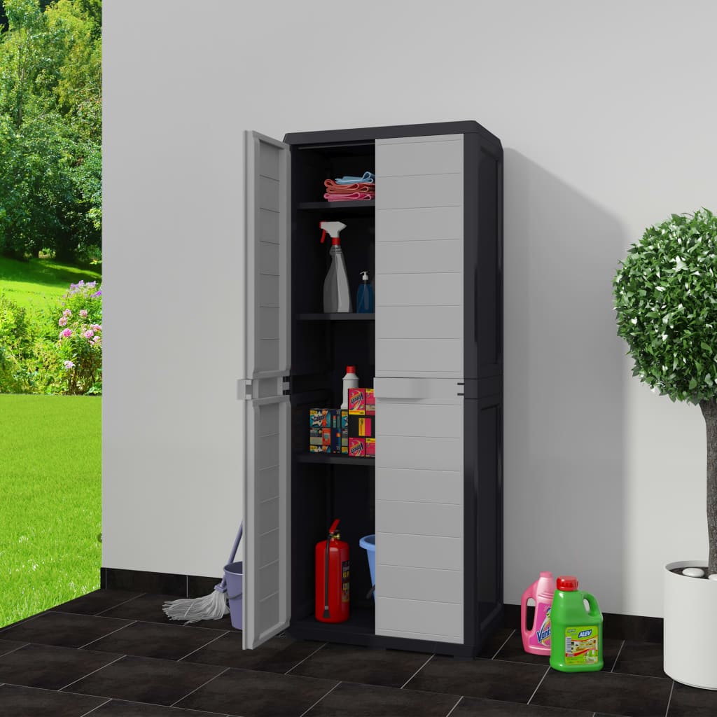 vidaXL Vrtna omarica za shranjevanje s 3 policami črna in siva