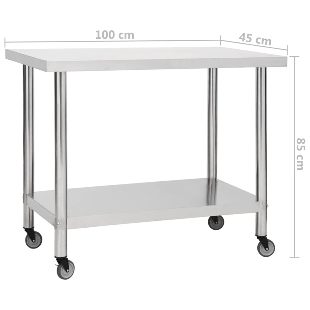 vidaXL Kuhinjska delovna miza s kolesi 100x45x85 cm nerjaveče jeklo