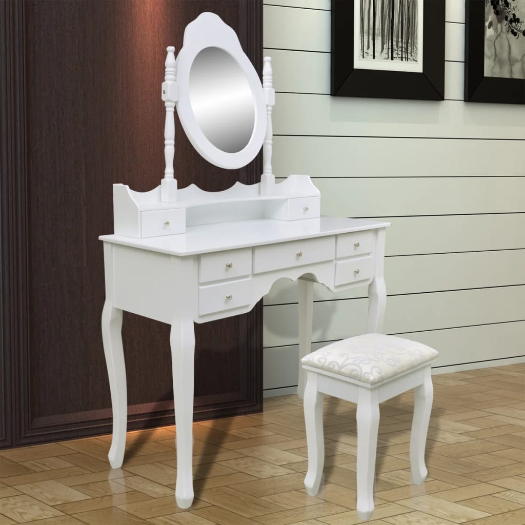 vidaXL Toaletna miza z ogledalom in stolčkom 7 predalov bela