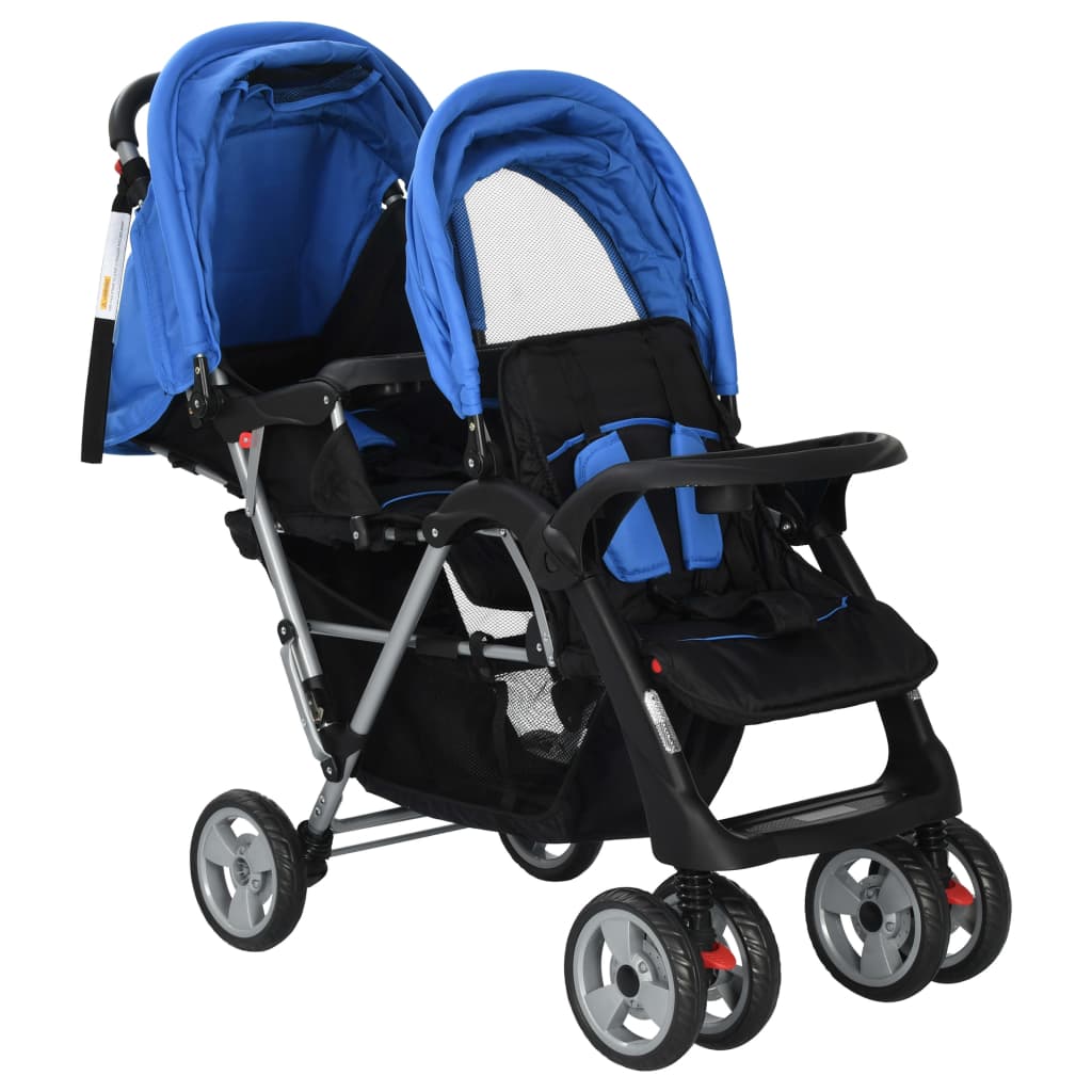 vidaXL Dvojni otroški voziček jeklen modre in črne barve