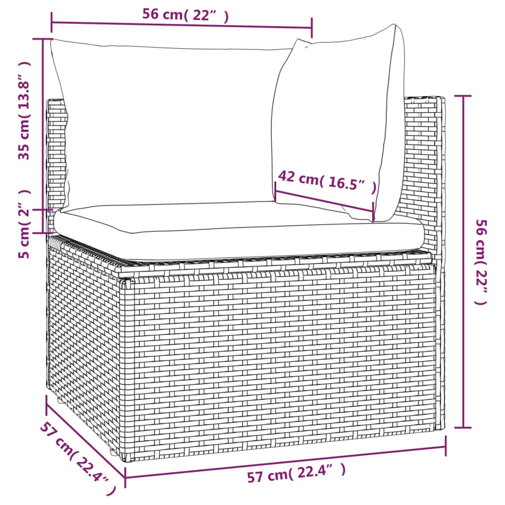vidaXL Vrtni kotni kavč z blazino siv 57x57x56 cm poli ratan