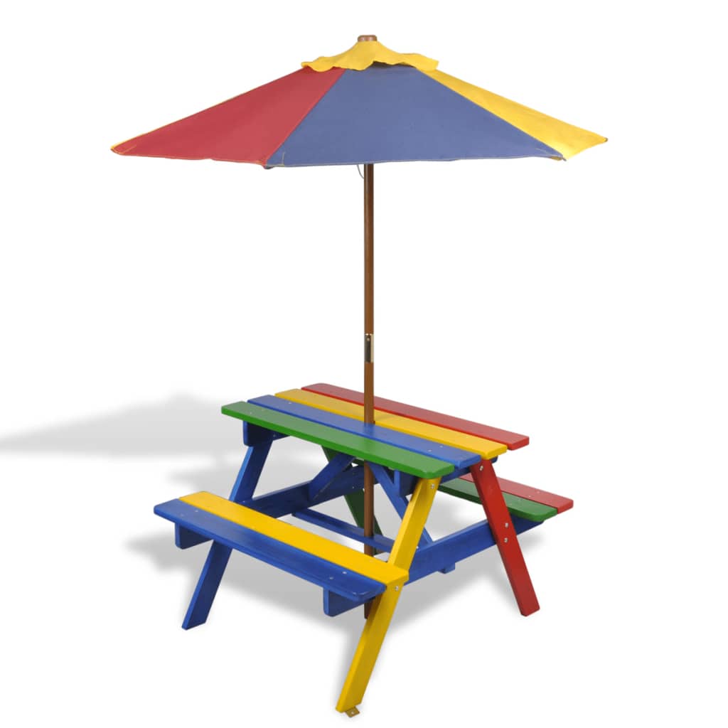 vidaXL Otroška piknik miza s klopmi in senčnikom večbarven les