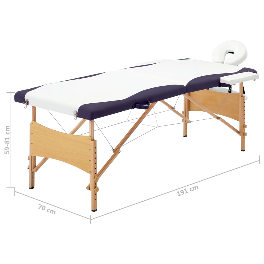 vidaXL Zložljiva masažna miza 2 coni les bela in vijolična