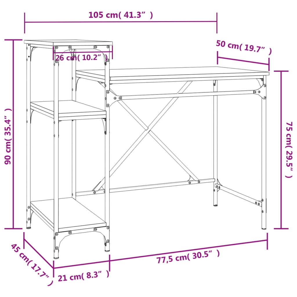 vidaXL Pisalna miza s policami črna 105x50x90 cm inženirski les železo