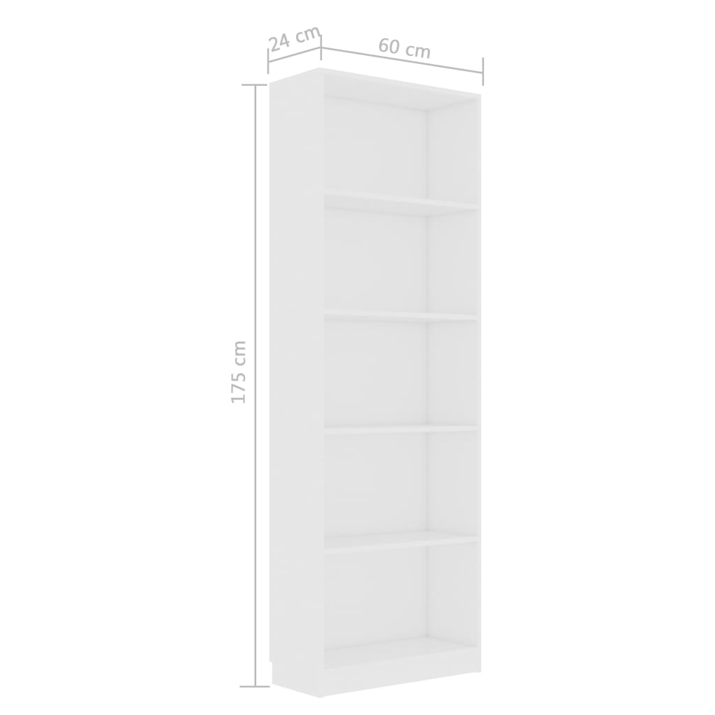 vidaXL Knjižna omara 5-nadstropna bela 60x24x175 cm iverna plošča