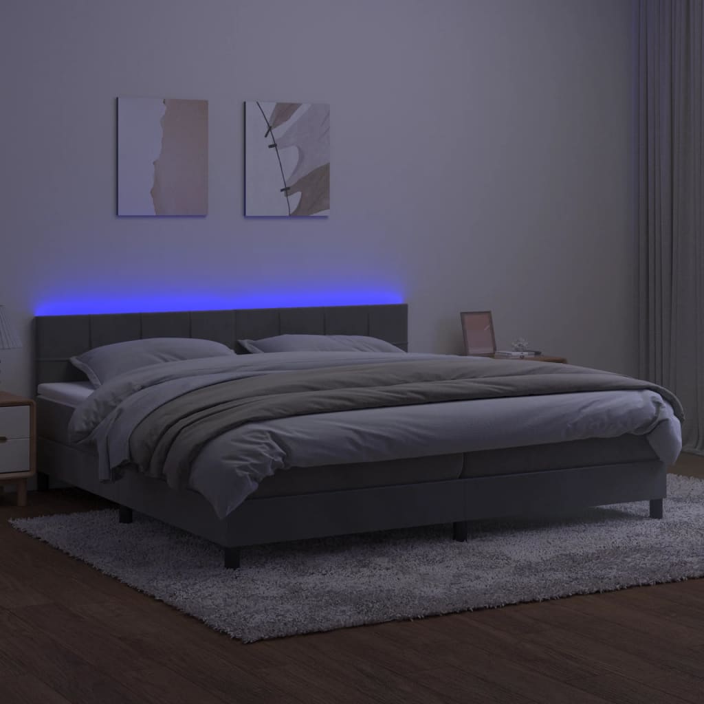 vidaXL Box spring postelja z vzmetnico LED svetlo siva 200x200cm žamet