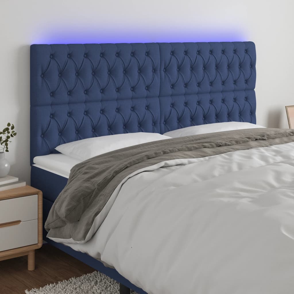 vidaXL LED posteljno vzglavje modro 200x7x118/128 cm blago