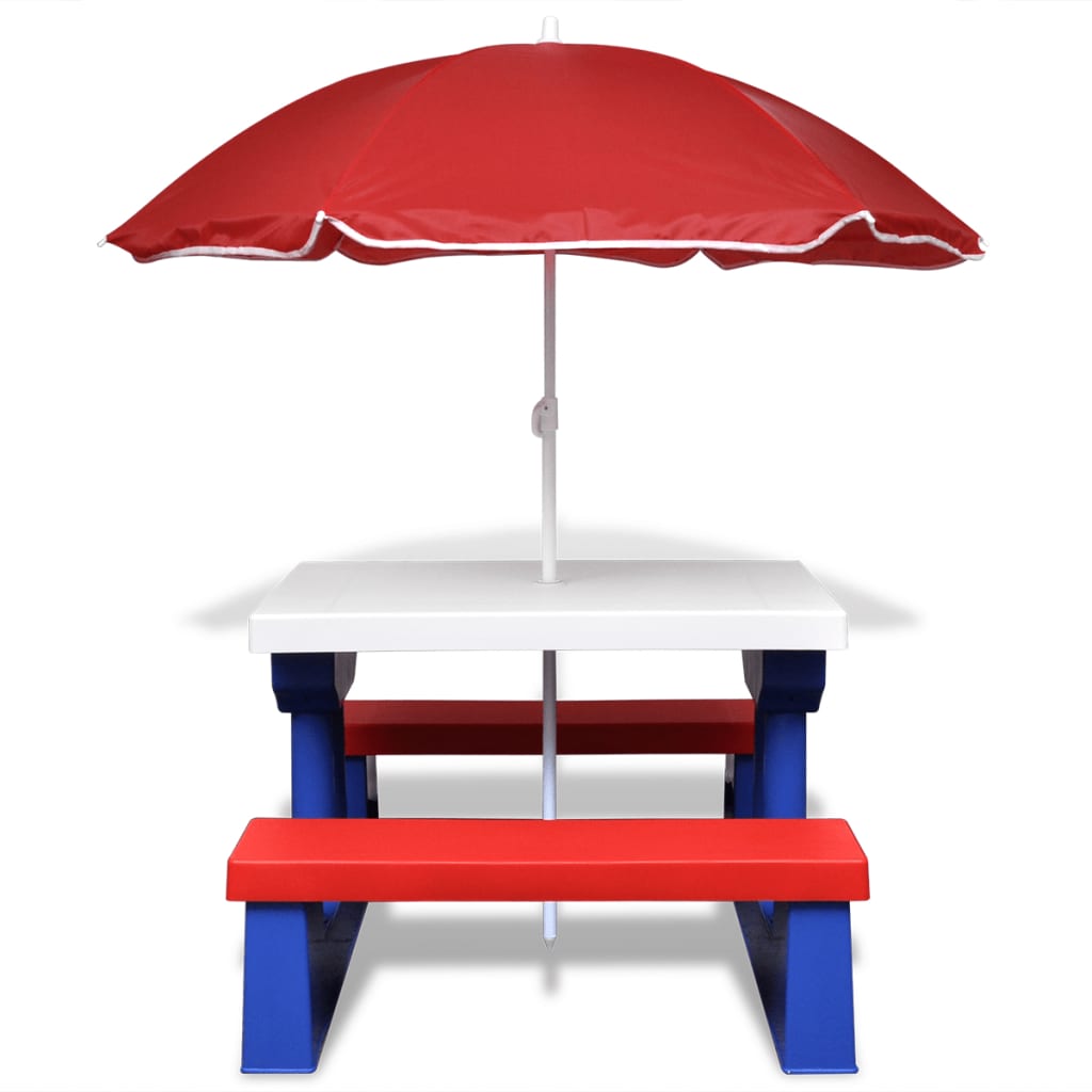vidaXL Otroška piknik miza s klopmi in senčnikom večbarvna