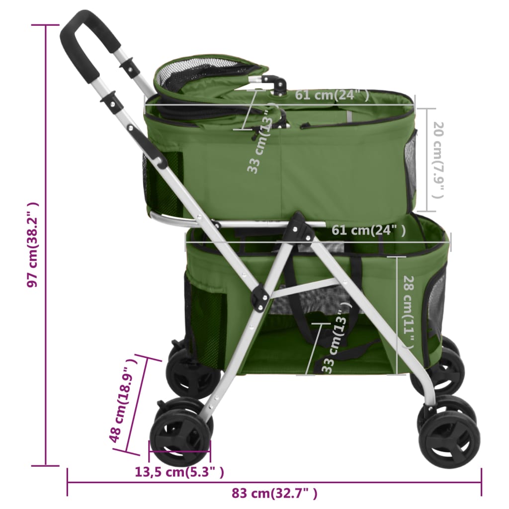 vidaXL Zložljiv pasji voziček 2-nadstropni zelen 83x48x97 cm blago