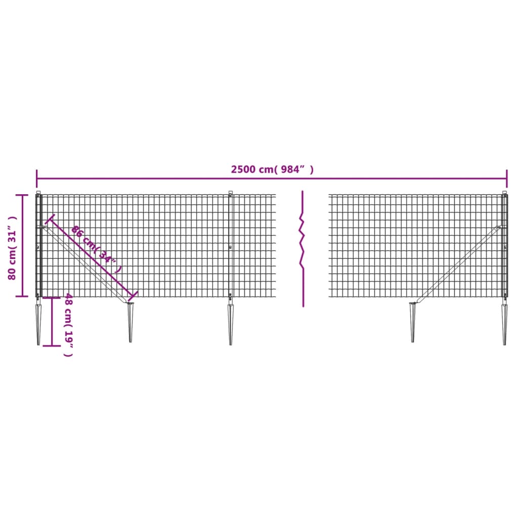 vidaXL Mrežna ograja s konicami za postavitev antracit 0,8x25 m