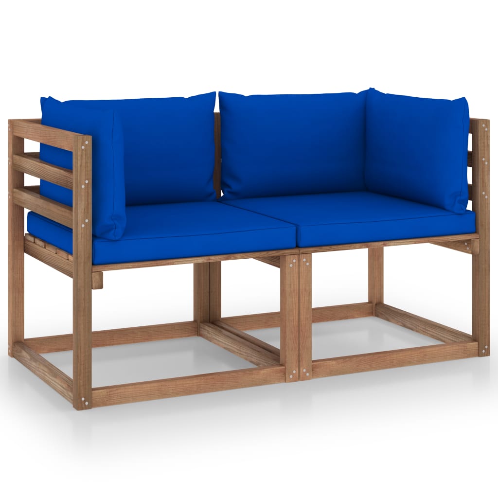 vidaXL Vrtni kavč dvosed iz palet z modrimi blazinami borovina