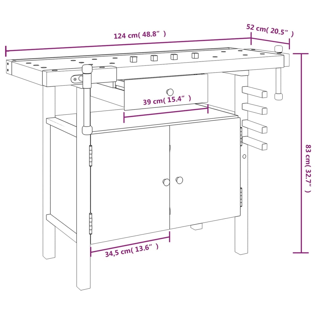 vidaXL Delovna miza s predalom in primeži 124x52x83 cm trdna akacija