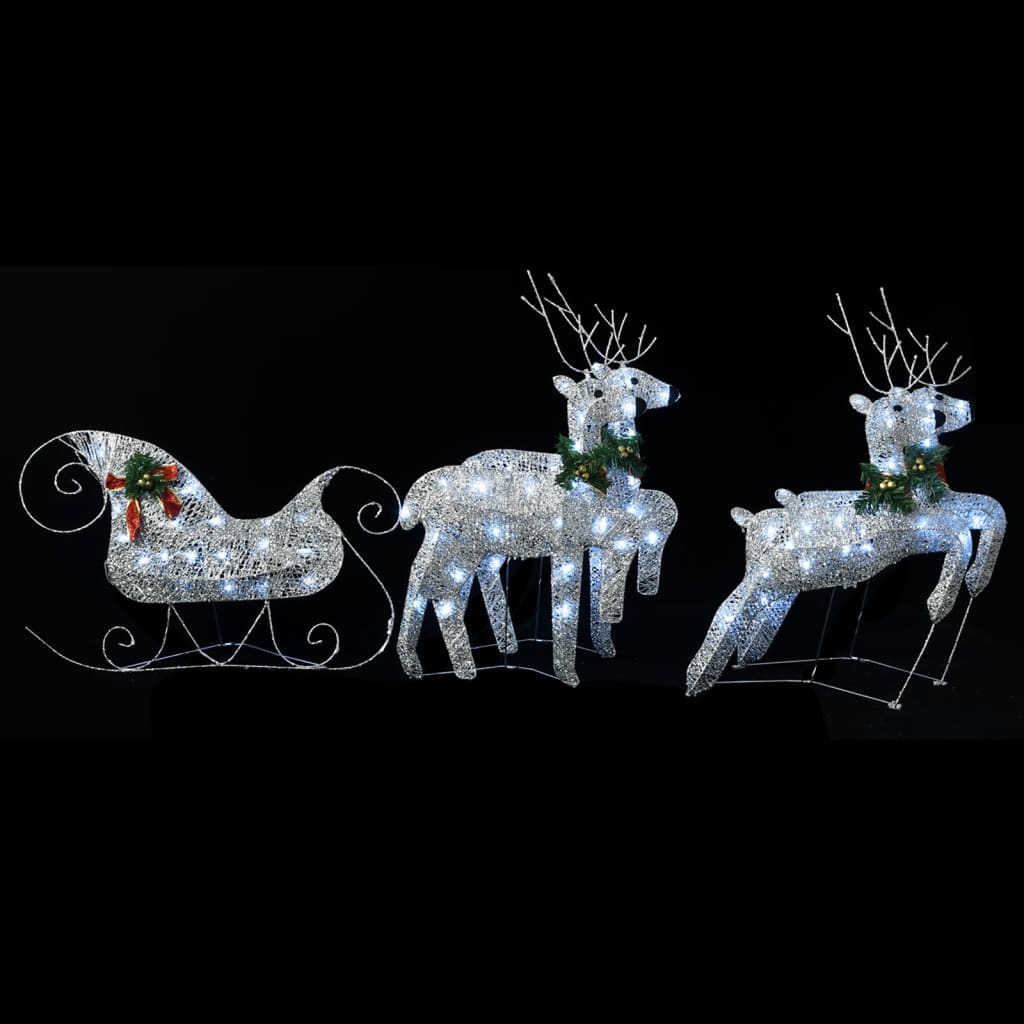 vidaXL Zunanji božični jeleni s sanmi 100 LED lučk srebrne barve