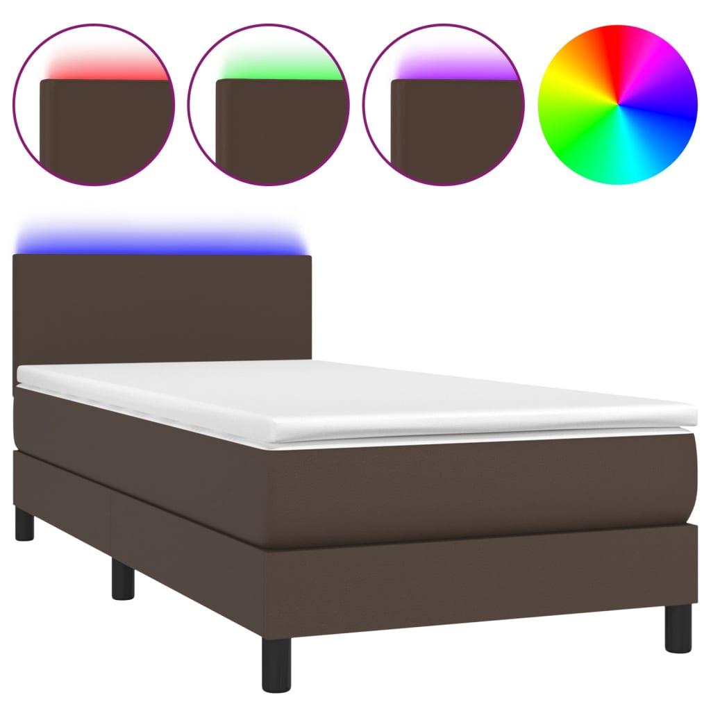 vidaXL Box spring postelja z vzmetnico LED rjava 80x200 cm um. usnje
