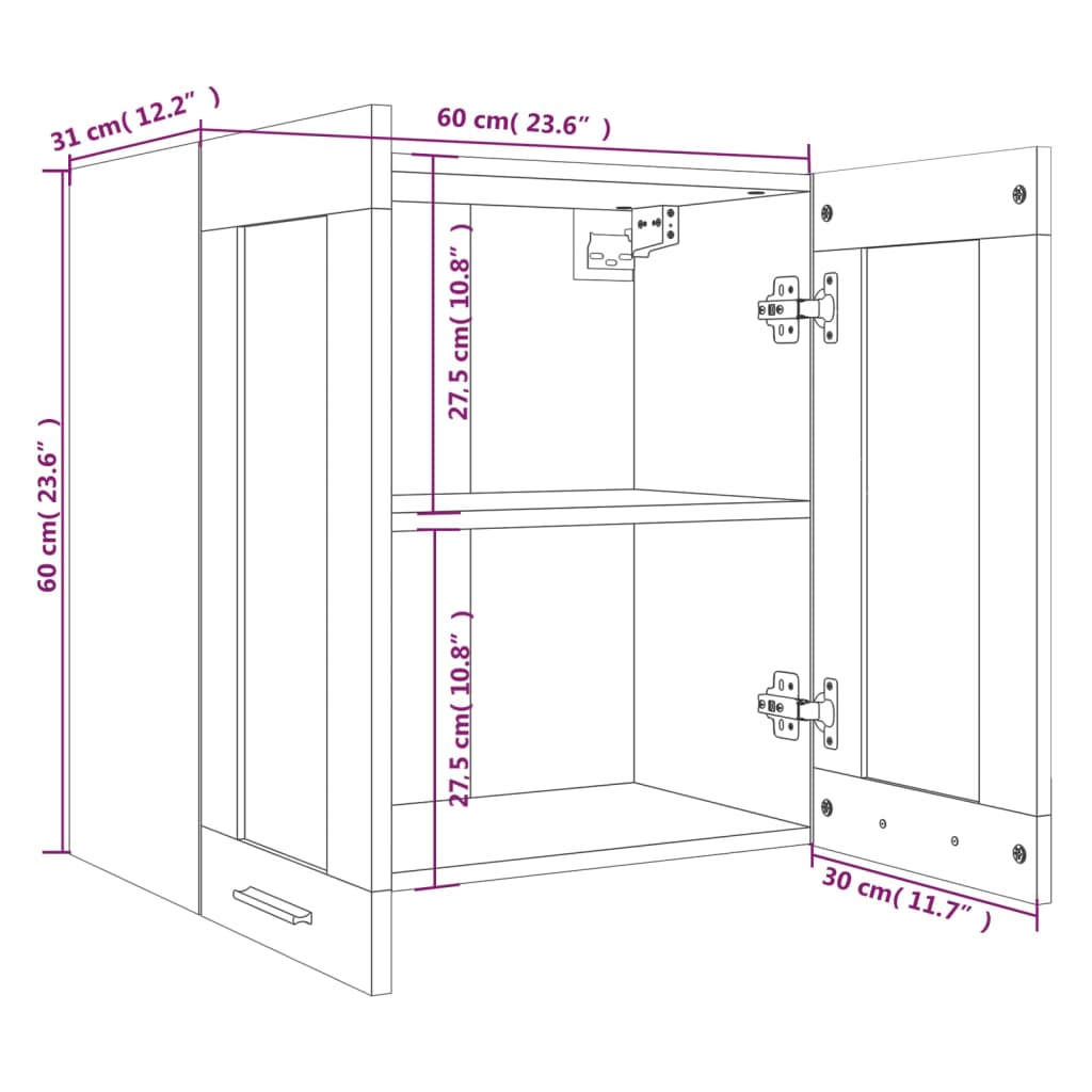 vidaXL Steklena viseča omarica rjavi hrast 60x31x60 cm konstruiran les