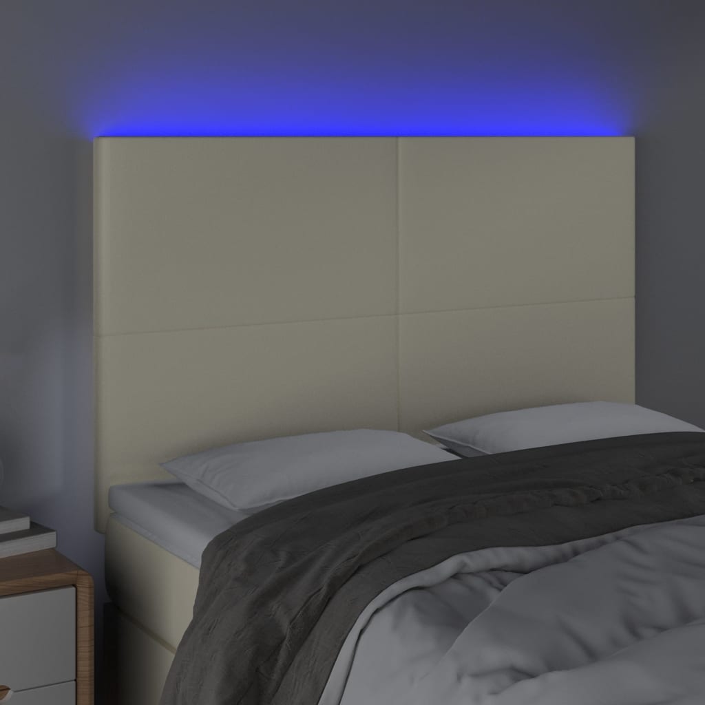 vidaXL LED posteljno vzglavje krem 144x5x118/128 cm umetno usnje