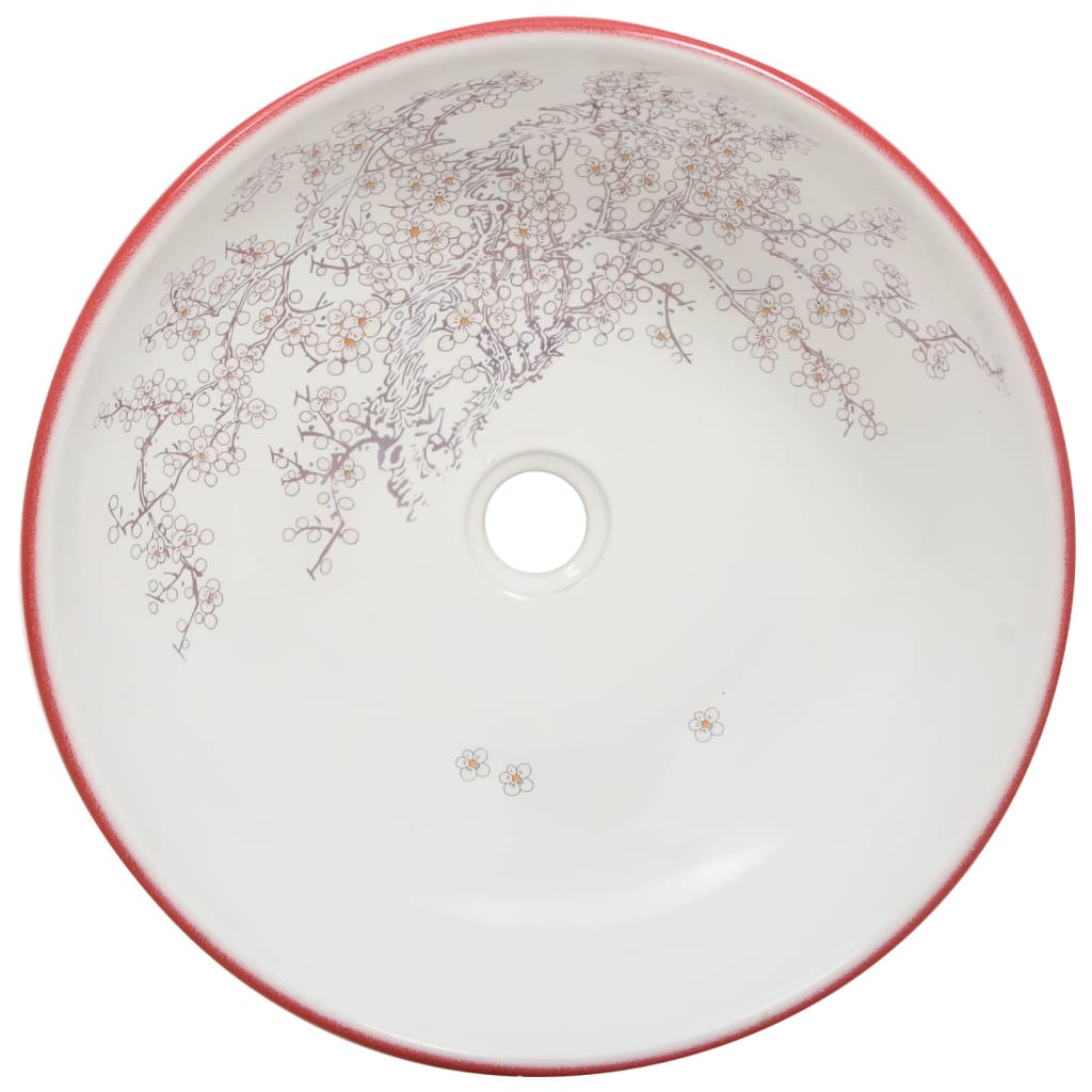 vidaXL Nadpultni umivalnik bel in rdeč okrogel Φ41x14 cm keramika