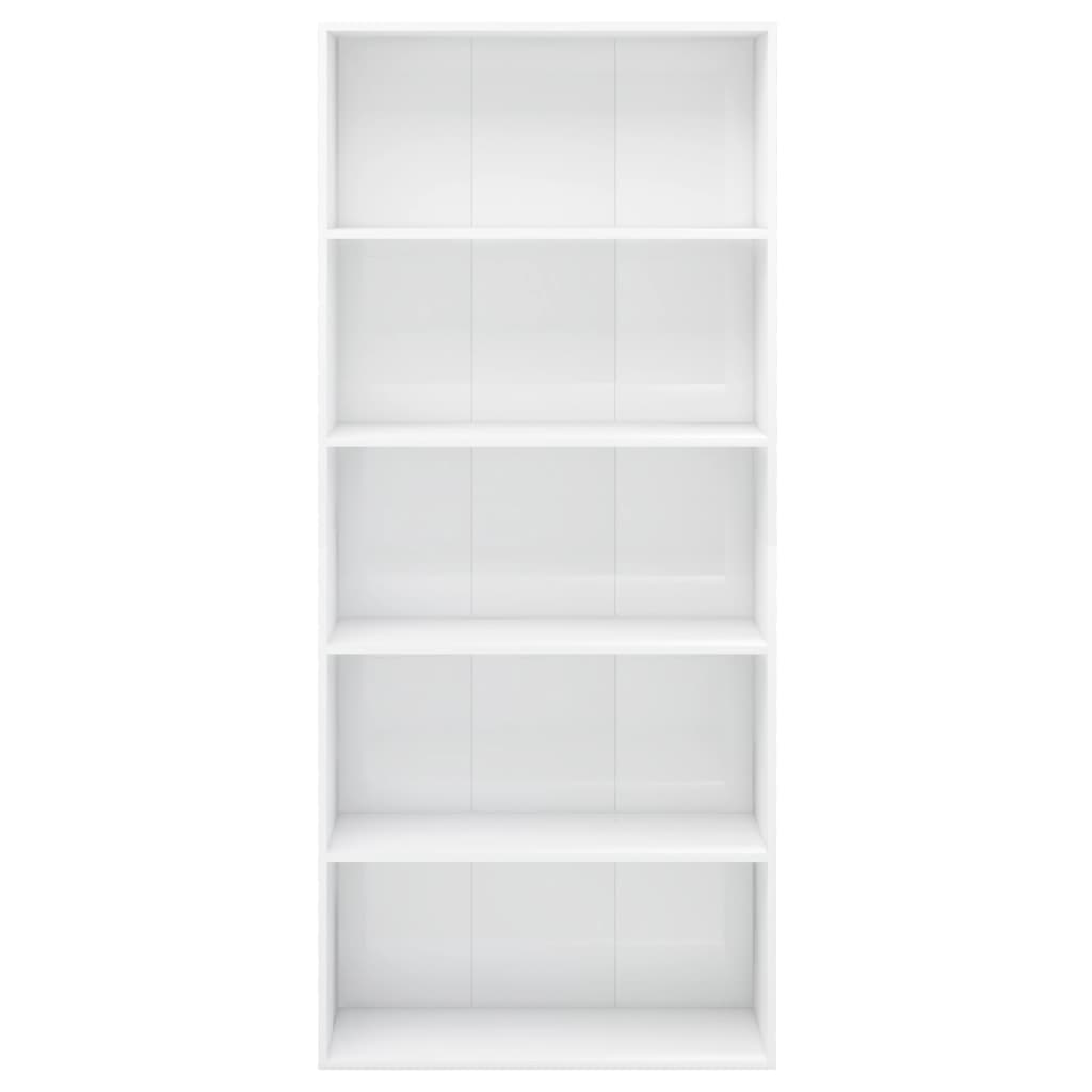 vidaXL Knjižna omara 5-nadstropna visok sijaj bela 80x30x189 cm