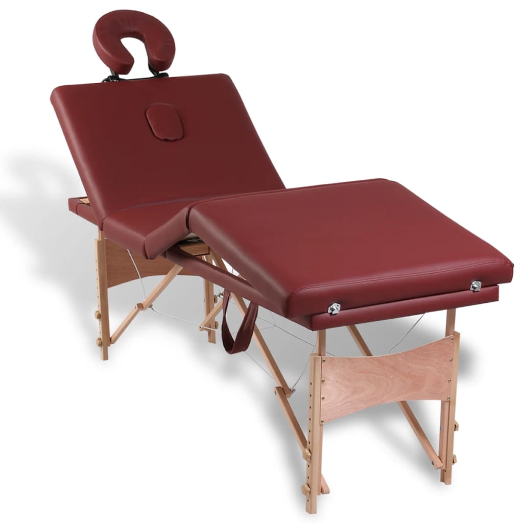 Rdeča zložljiva masažna miza s 4 območji in lesenim okvirjem