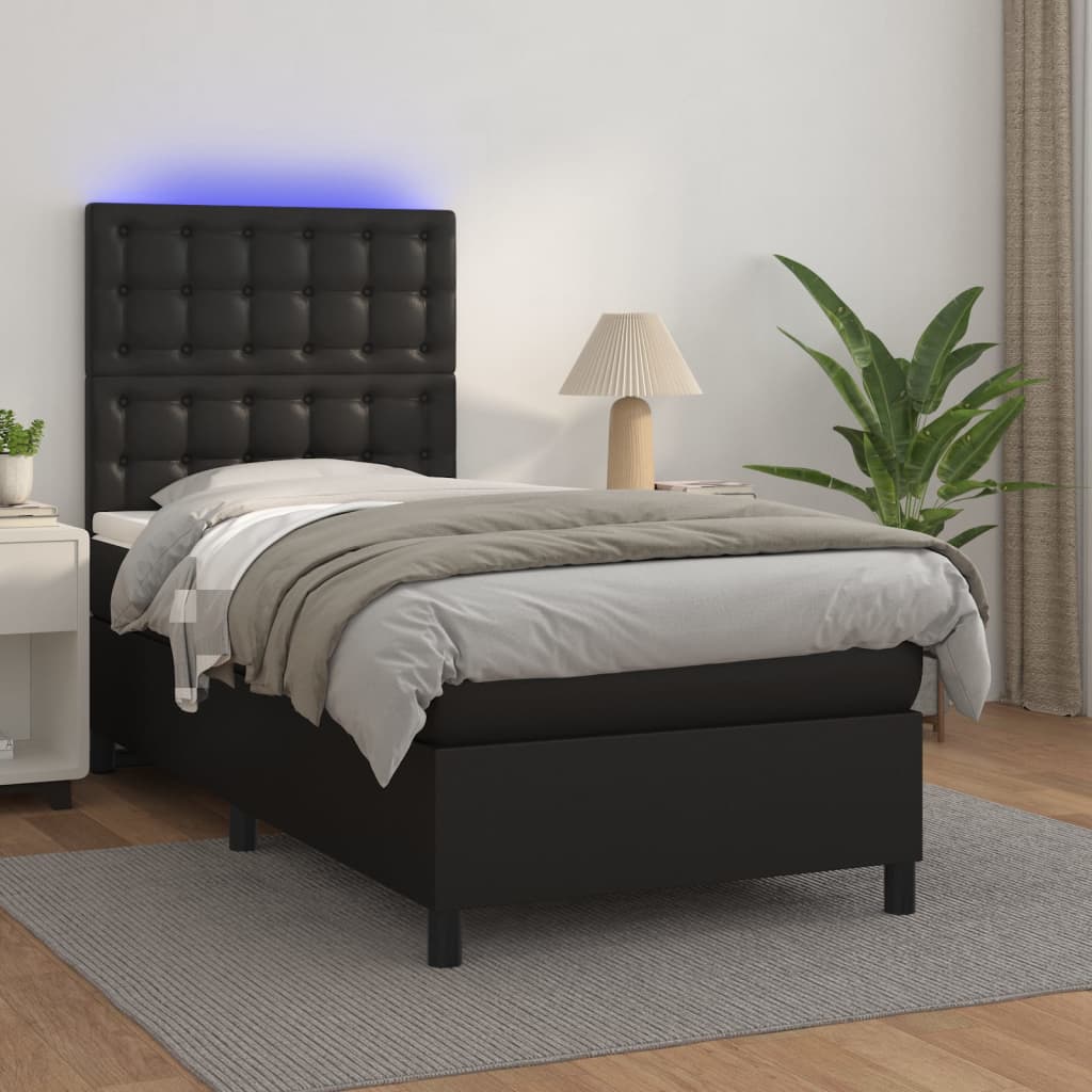 vidaXL Box spring postelja z vzmetnico LED črna 90x200 cm umetno usnje