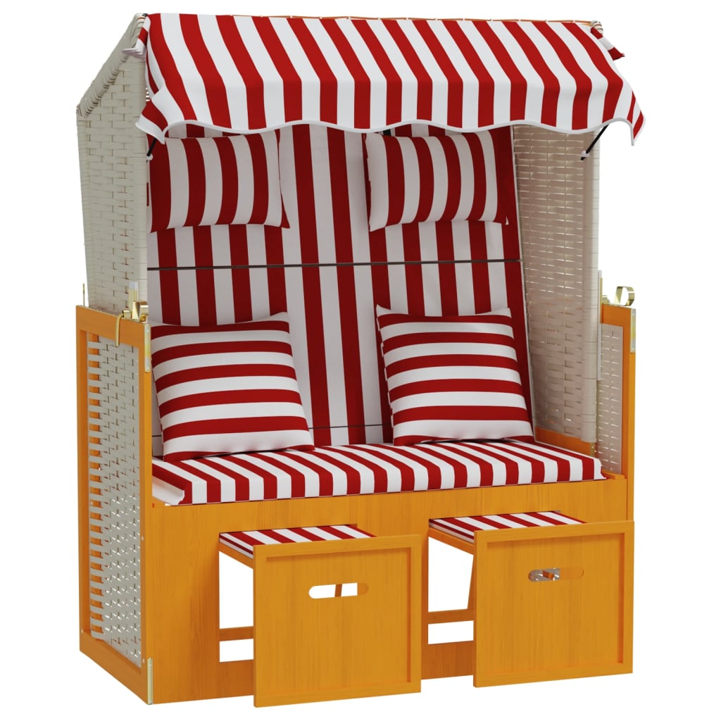 vidaXL Stol za na plažo z blazinami poli ratan in trden les rdeče bel