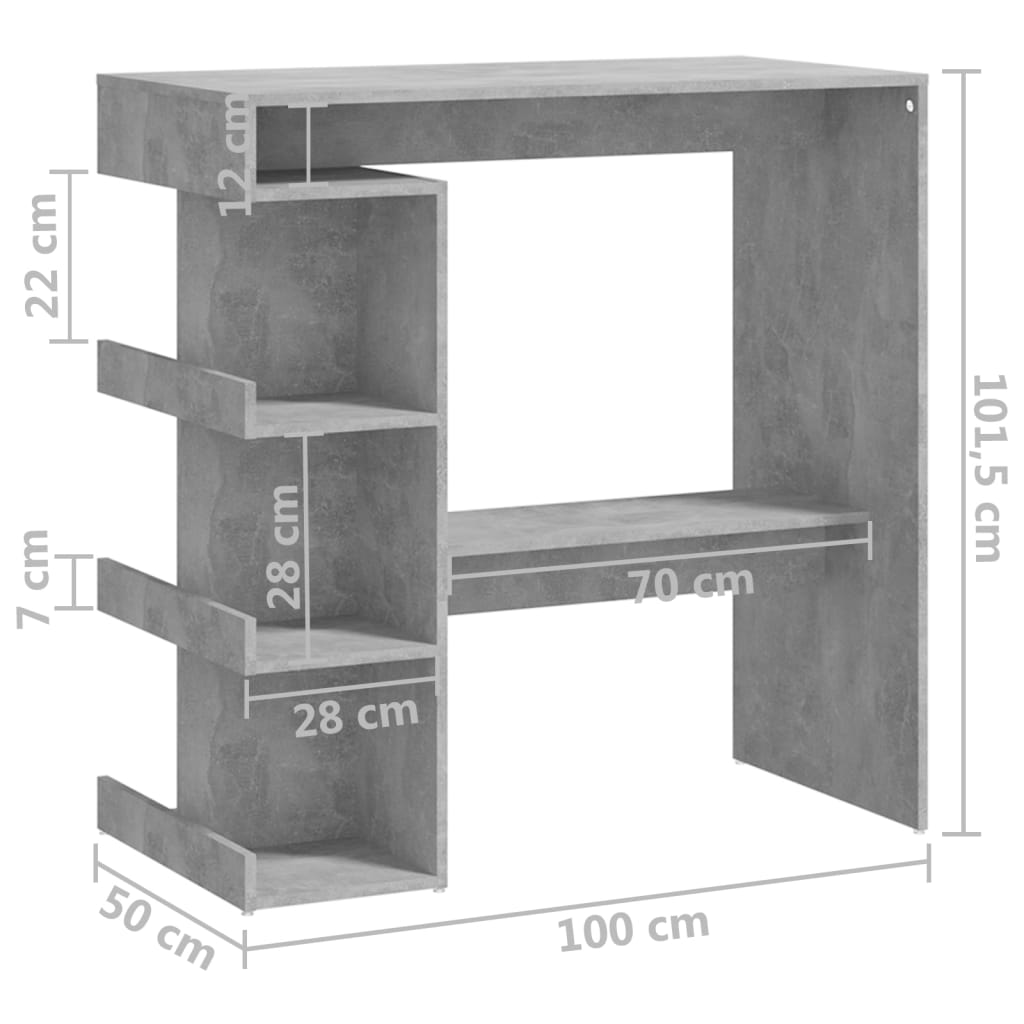 vidaXL Barska miza s policami betonsko siva 100x50x101,5 cm iverna pl.