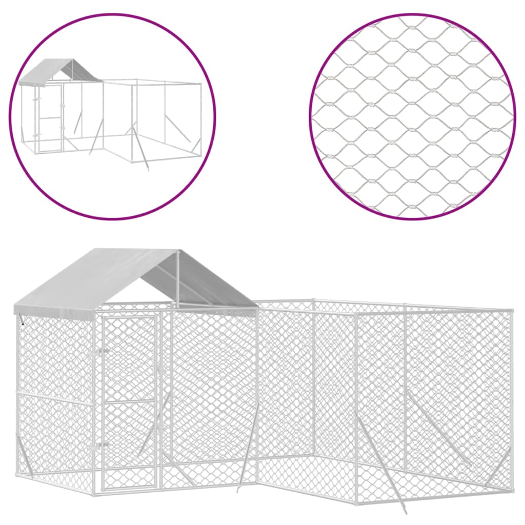vidaXL Zunanja pasja ograda s streho srebrna 4x4x2,5 m pocinkano jeklo