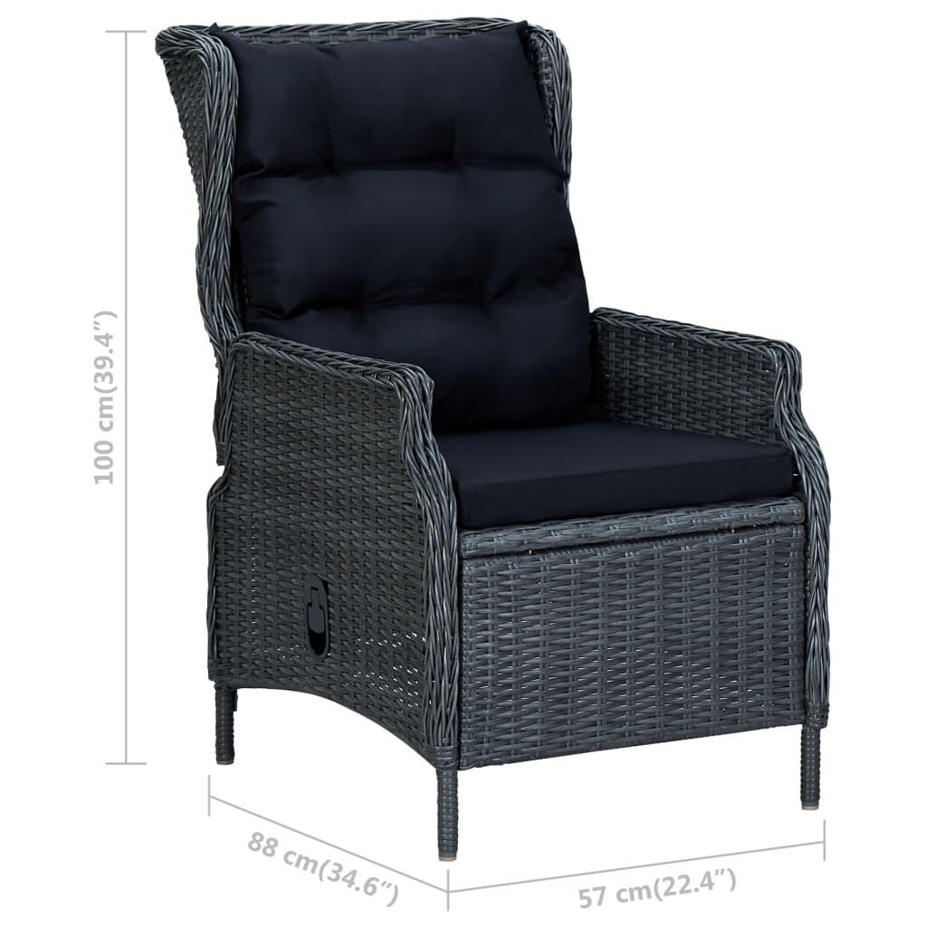 vidaXL Nastavljiv vrtni stol s stolčkom za noge poli ratan temno siv