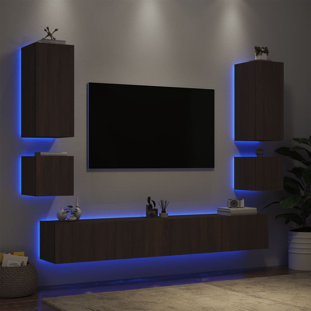 vidaXL Stenske TV omarice z LED lučkami 6 kosov rjavi hrast