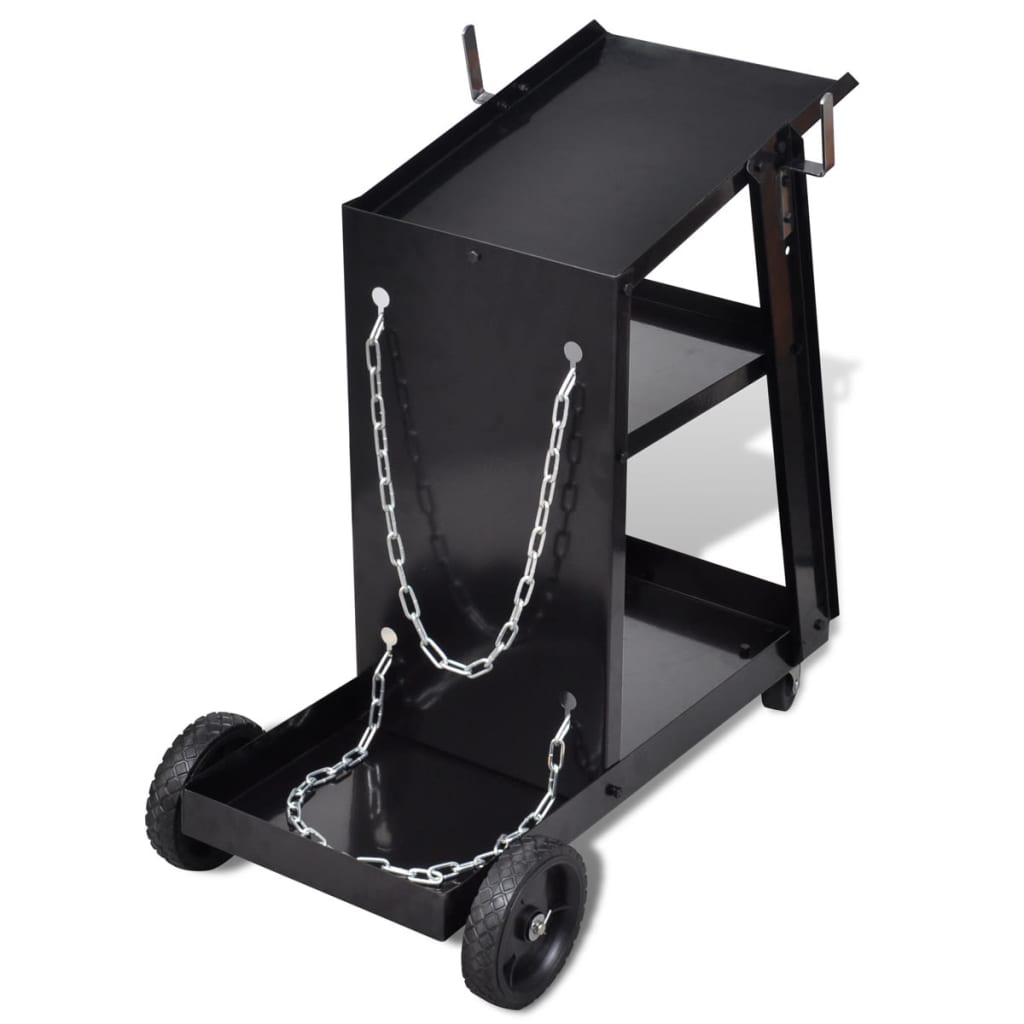 Črn voziček s tremi policami za organizacijo varilskih pripomočkov