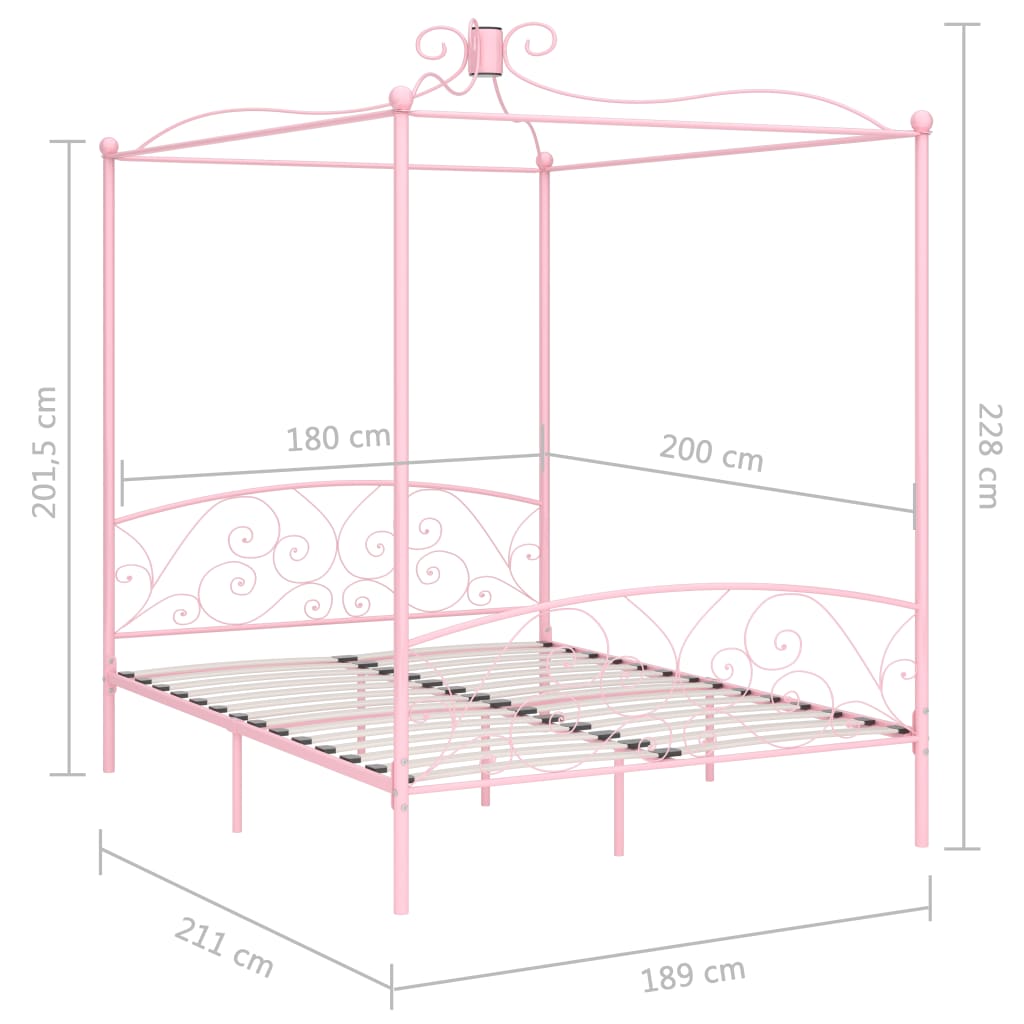 vidaXL Posteljni okvir z ogrodjem za baldahin roza kovinski 180x200 cm