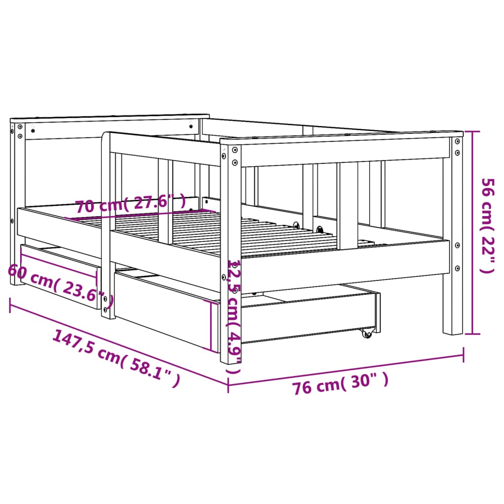 vidaXL Otroški posteljni okvir s predali črn 70x140 cm trdna borovina