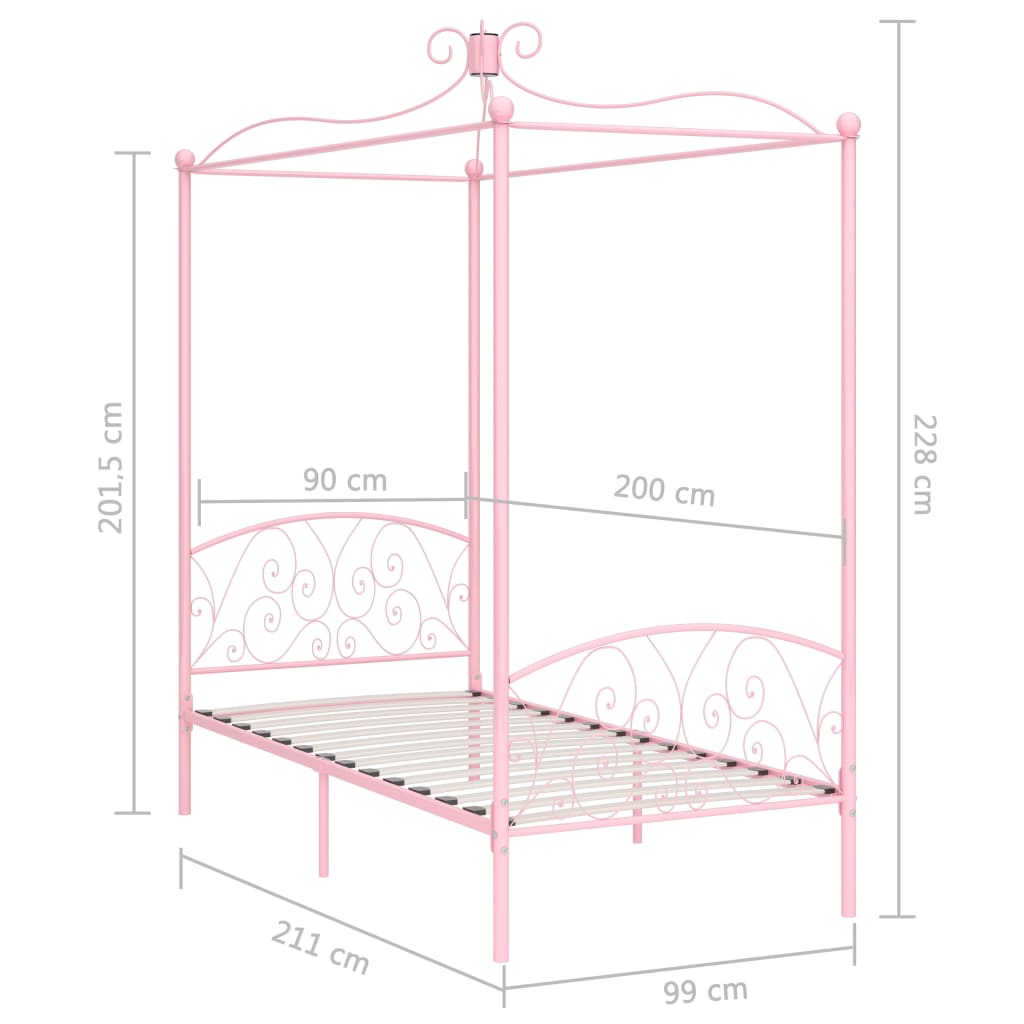 vidaXL Posteljni okvir z ogrodjem za baldahin roza kovinski 90x200 cm