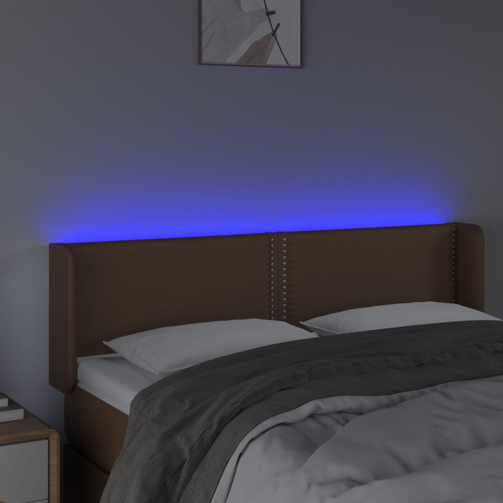 vidaXL LED posteljno vzglavje rjavo 147x16x78/88 cm umetno usnje