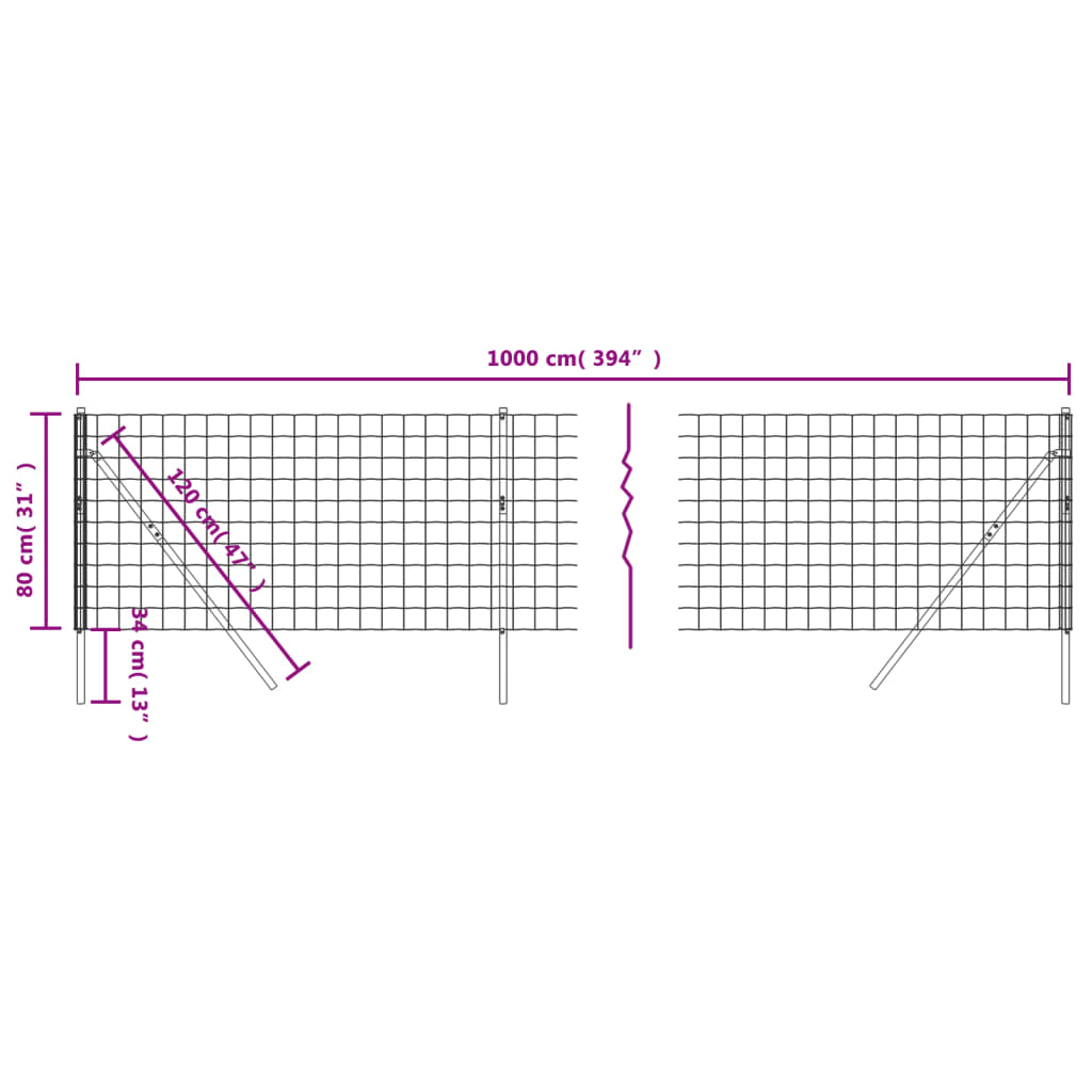 vidaXL Ograja iz žične mreže antracitna 0,8x10 m pocinkano jeklo