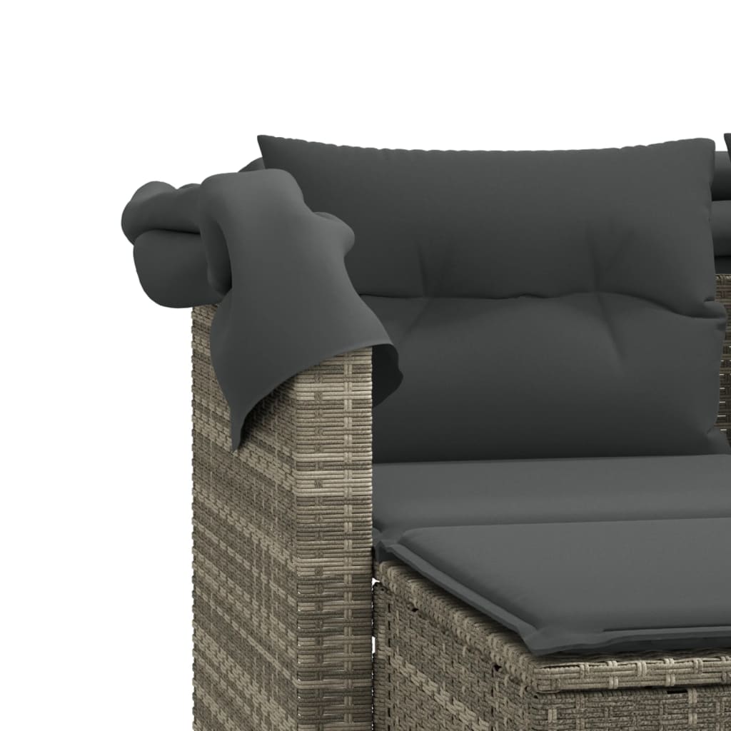 vidaXL Vrtni kavč dvosed s streho in stolčki svetlo siv poli ratan