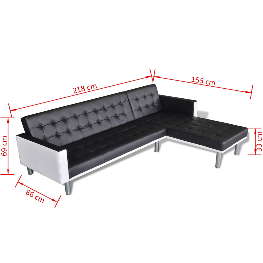 vidaXL Kavč z ležiščem L-oblike umetno usnje črn